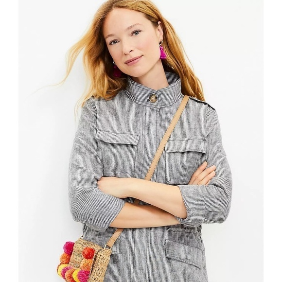 NWT Loft Striped Twill Utility Jacket Linen Cotton Gray White Full Zip Sz S - Picture 2 of 14